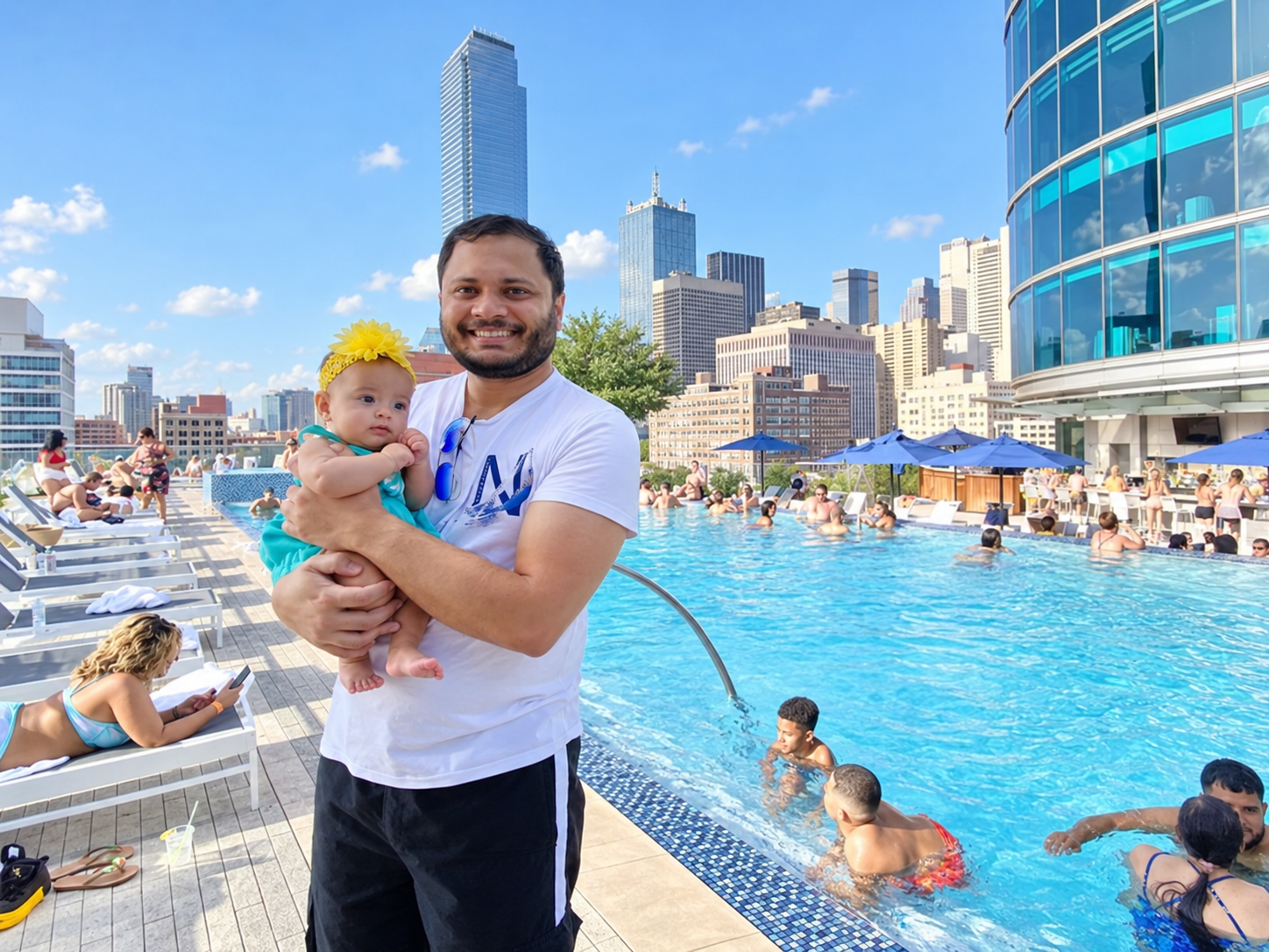 Daddy holding baby Aria by the rooftop pool in Dallas