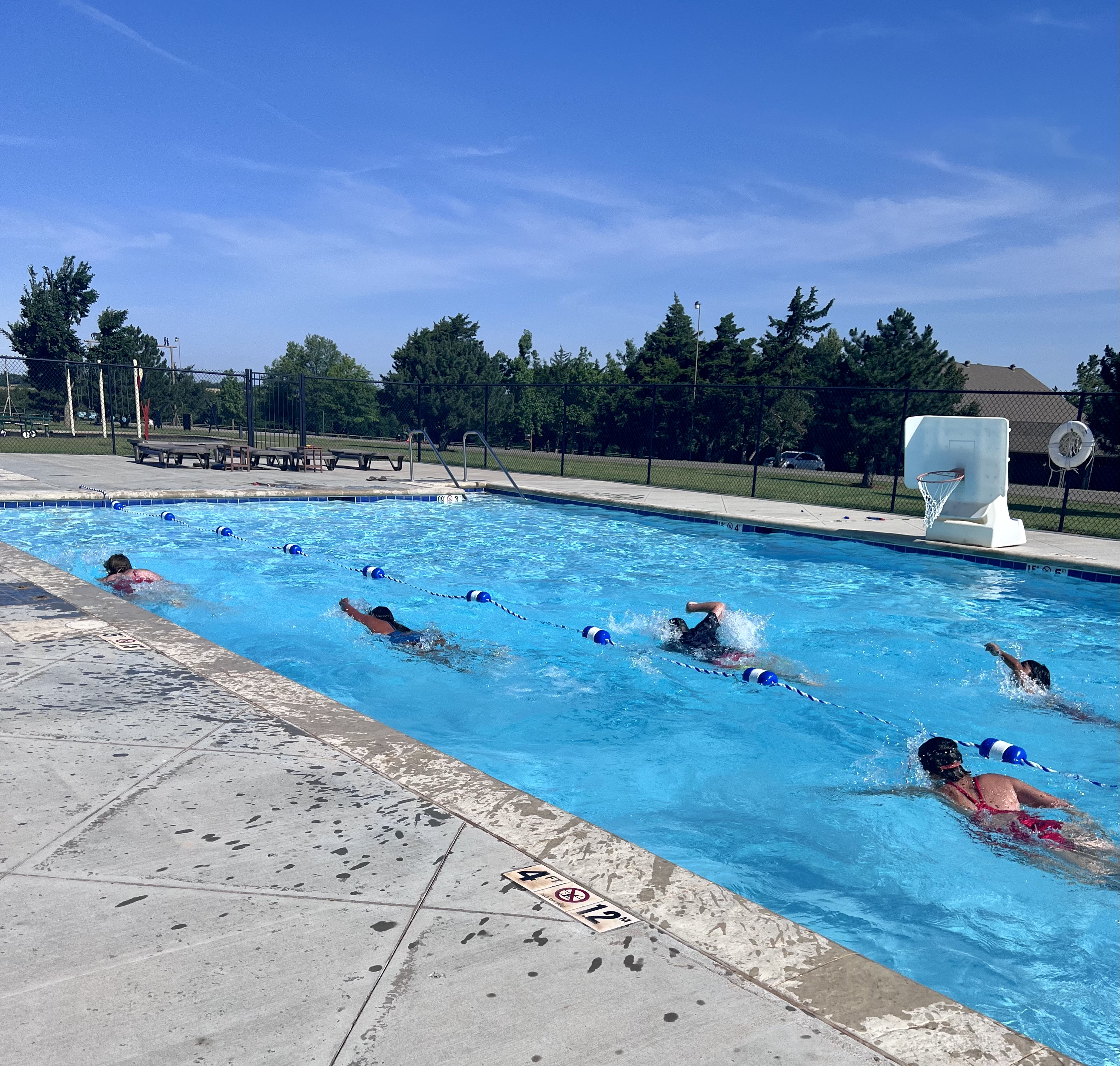 Swimmers doing laps in the Pepper's Ranch pool, with a pool basketball hoop in the corner
