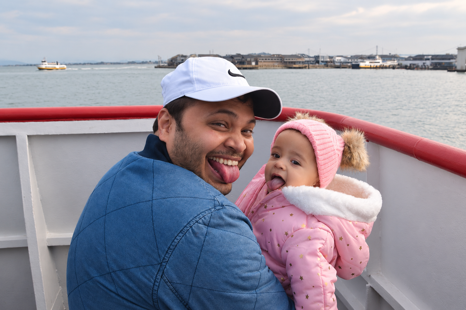 Baby Aria and Daddy sticking their tongues out together on a boat